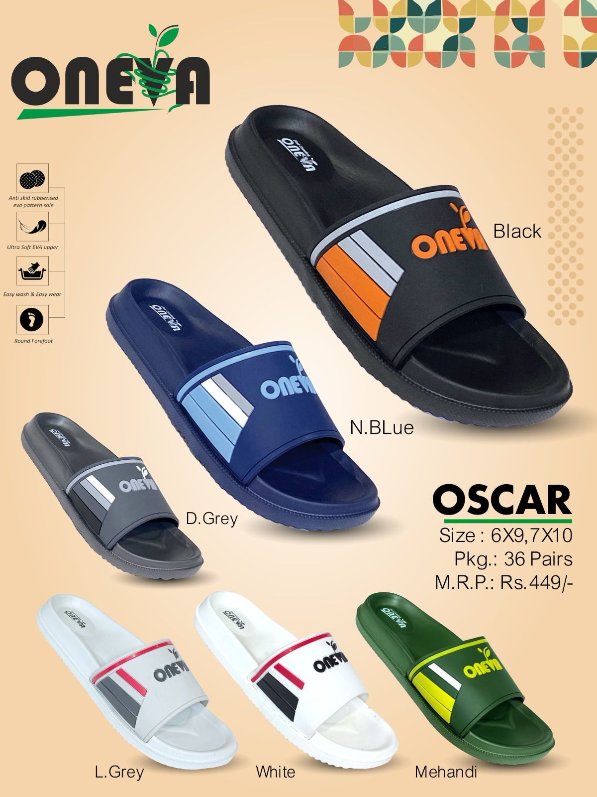 OSCAR BLACK, N.BLUE, D.GREY, L.GREY, MEHANDI, WHITE